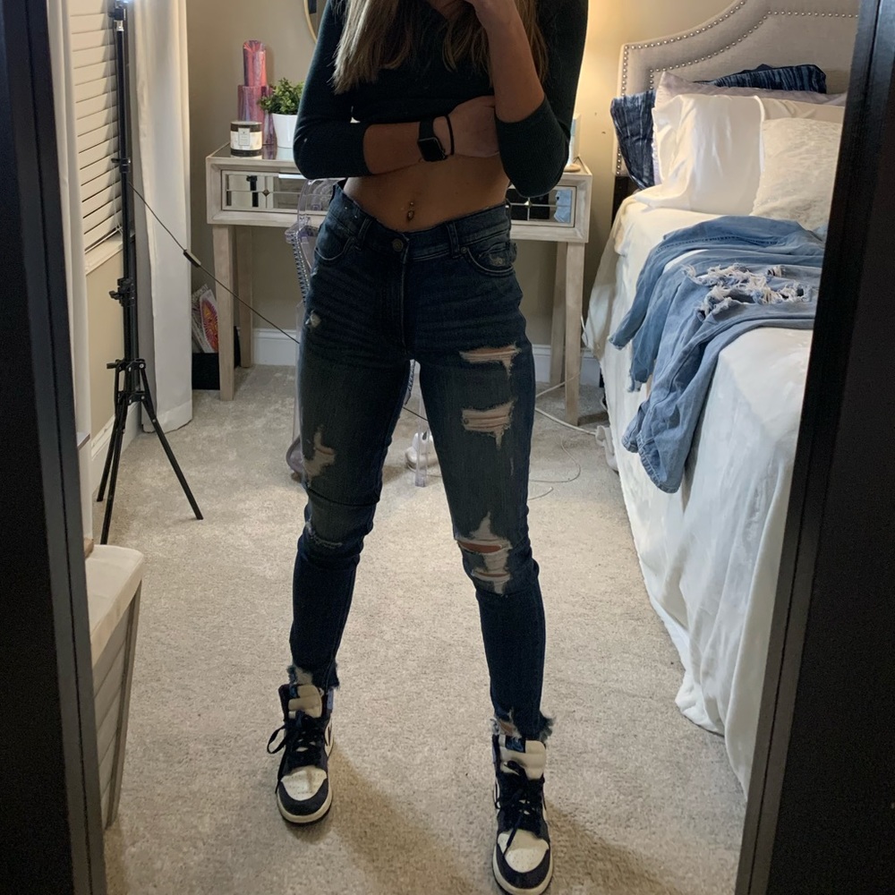 distressed express dark blue jeans